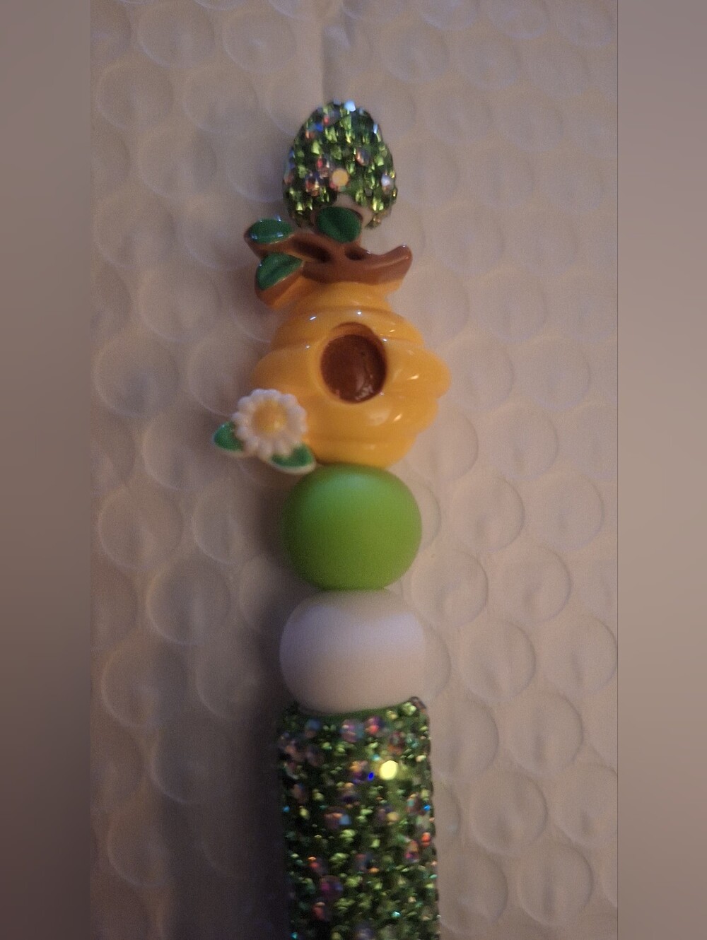 Handmade Bee Hive Green Bling Black Ink Pen with white & green balls NEW